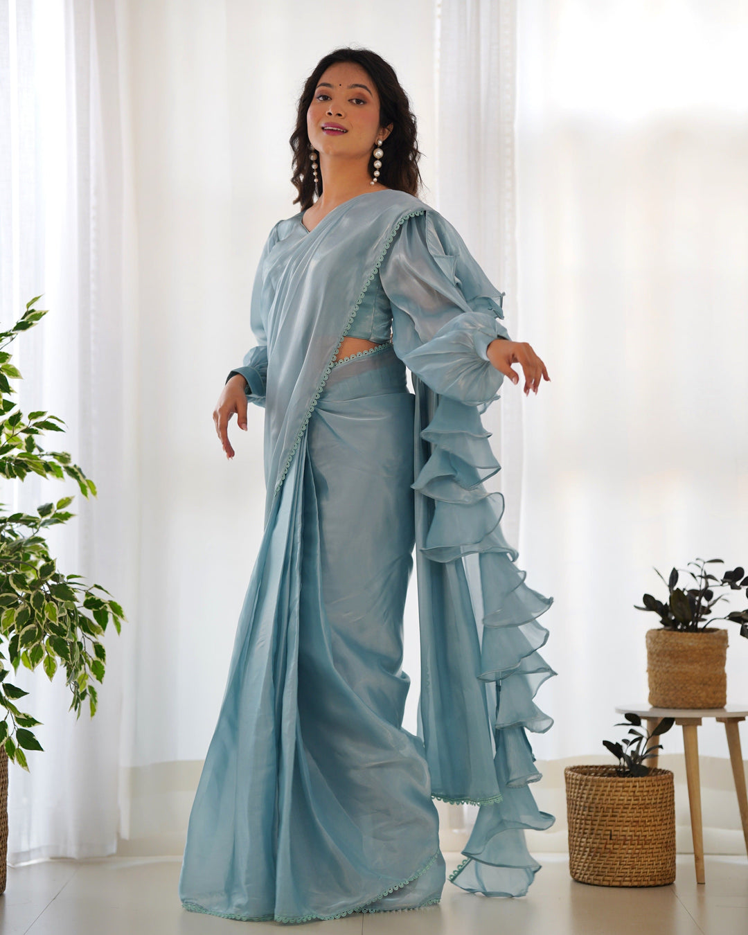 Ready to Wear Pre-draped Saree with Fully Stitched Blouse in Jimmy Choo Fabric