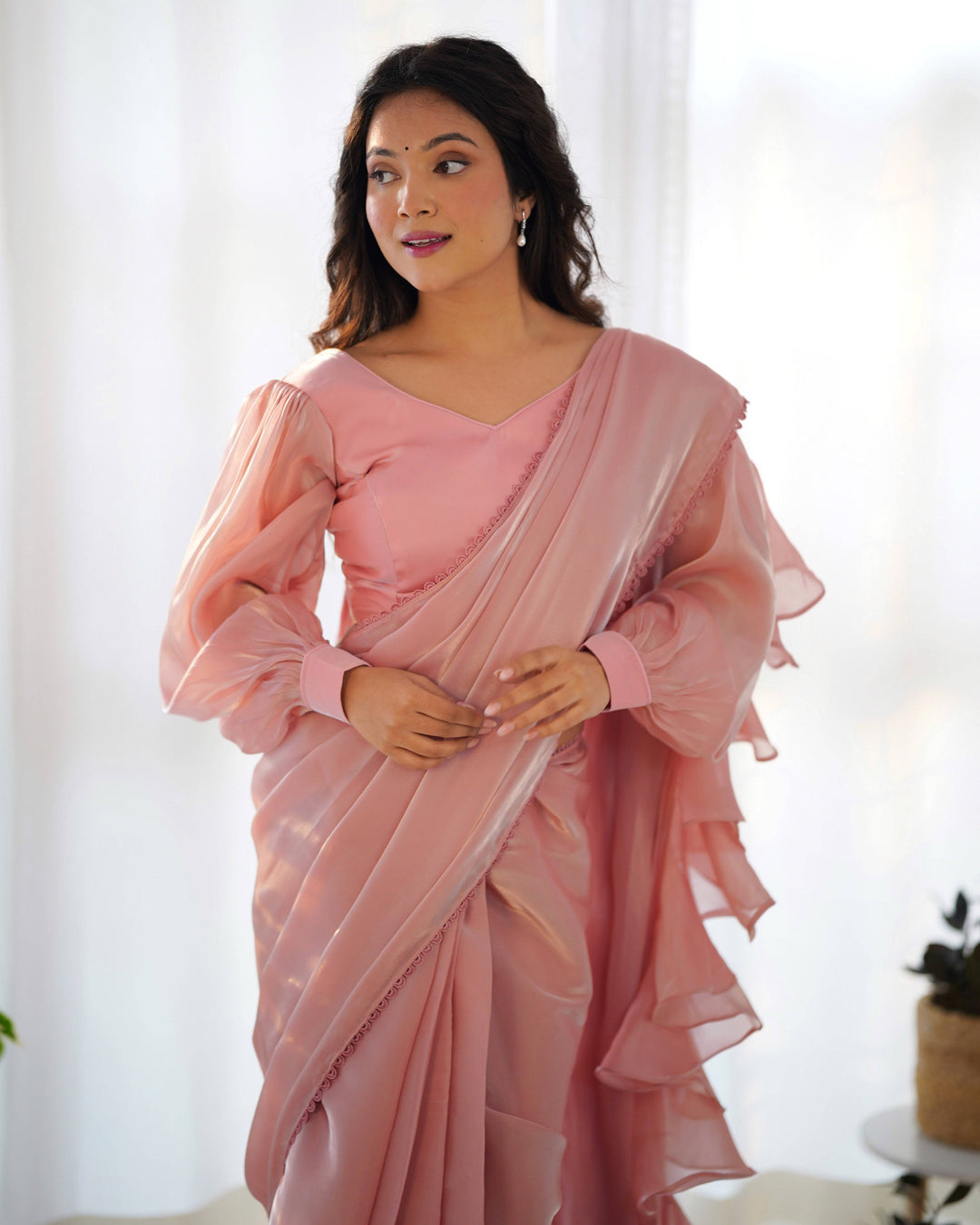 Ready to Wear Pre-draped Saree with Fully Stitched Blouse in Jimmy Choo Fabric