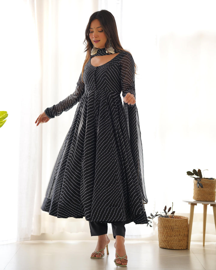 High-End Laheriya Print Anarkali Set with Dupatta & Pants – Perfect for Summer Weddings