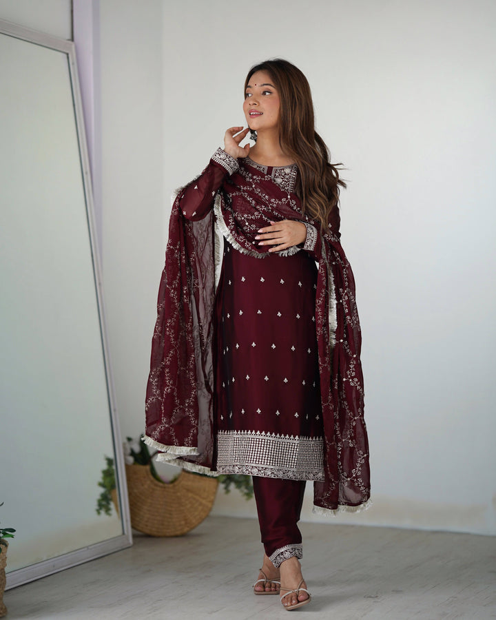 Pure Blooming Rangoli Silk Kurta Set with Dupatta and Trousers