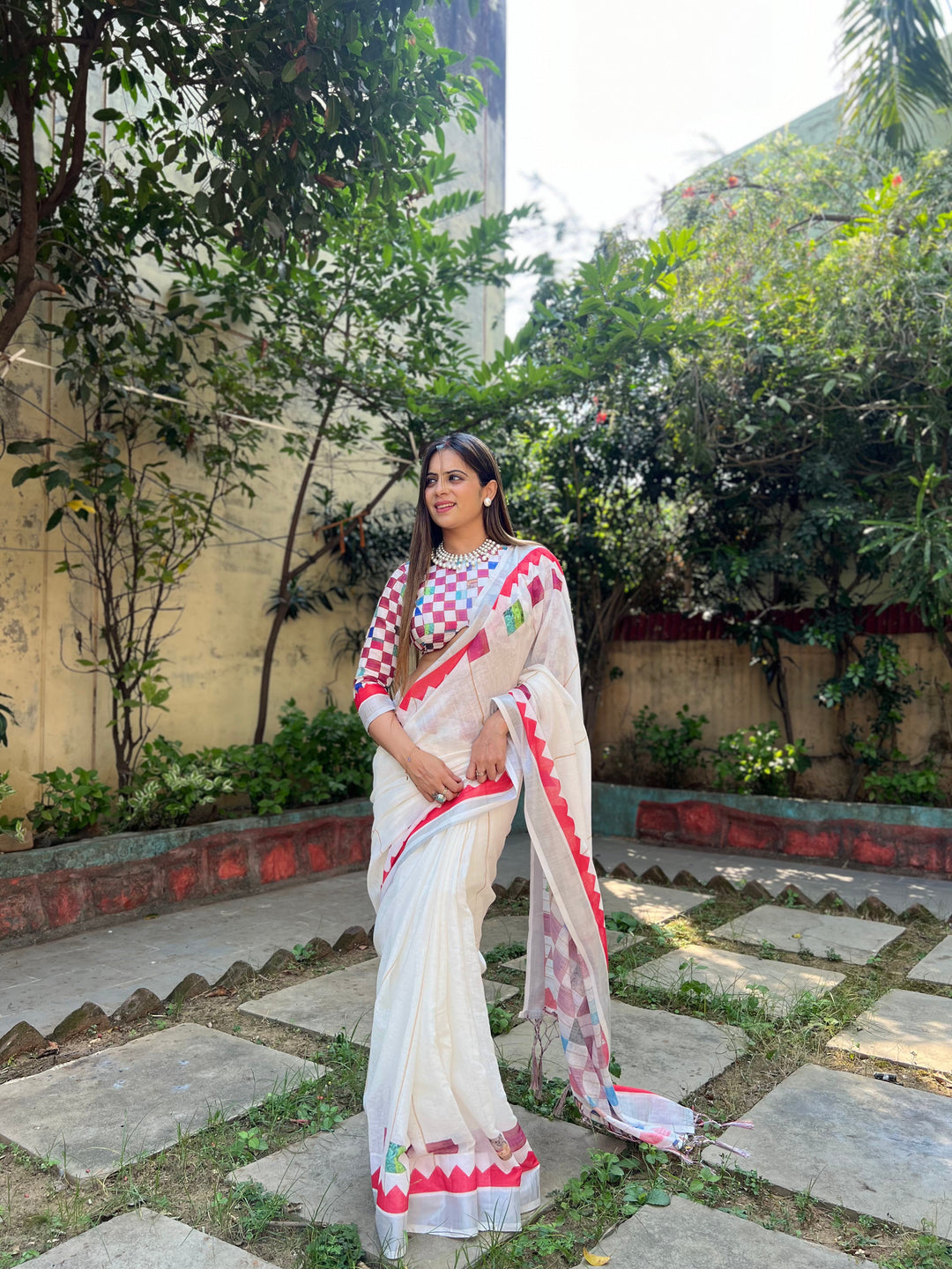 White Pure Cotton Linen Saree with Multicolor Checkered Design, Blouse, and Tassel Detailing