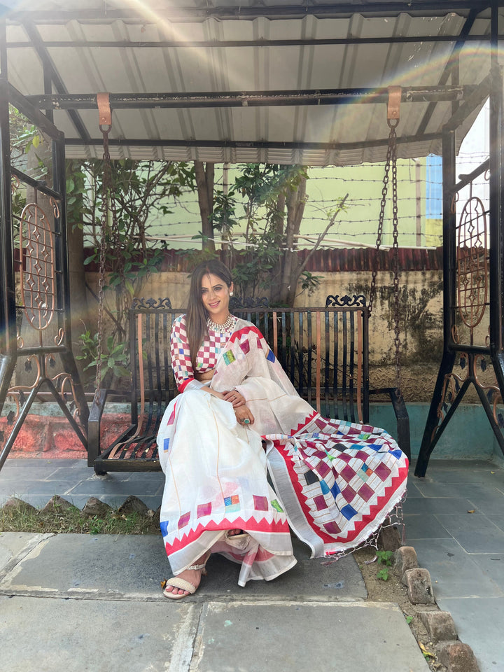 White Pure Cotton Linen Saree with Multicolor Checkered Design, Blouse, and Tassel Detailing