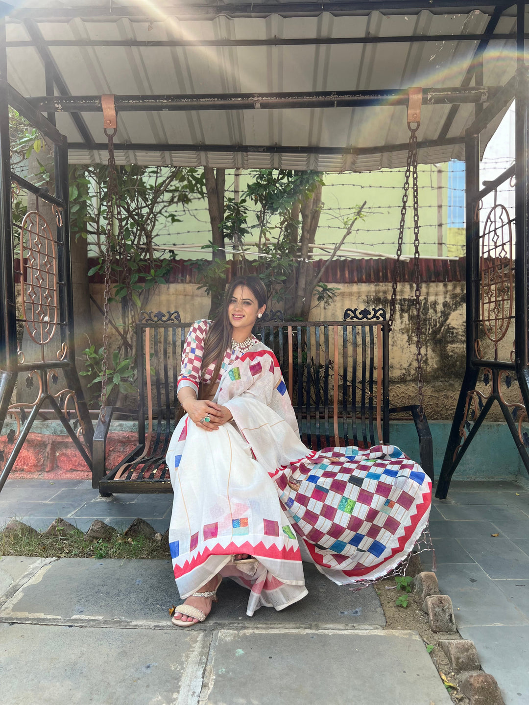 White Pure Cotton Linen Saree with Multicolor Checkered Design, Blouse, and Tassel Detailing