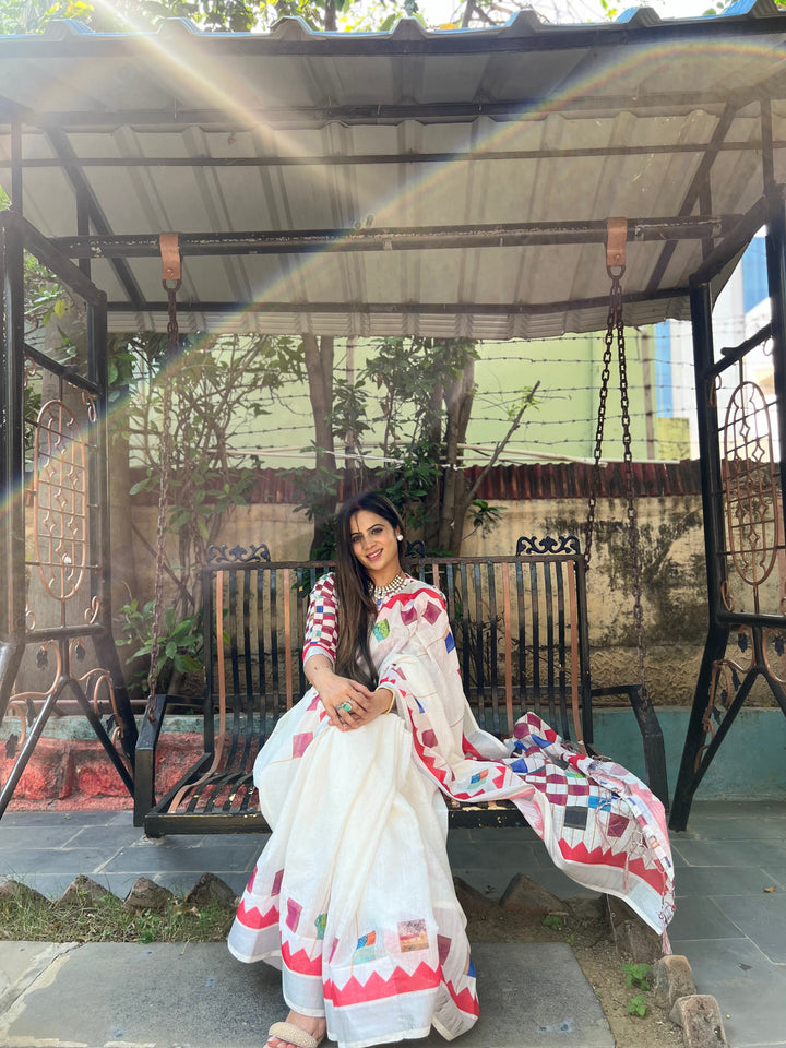 White Pure Cotton Linen Saree with Multicolor Checkered Design, Blouse, and Tassel Detailing