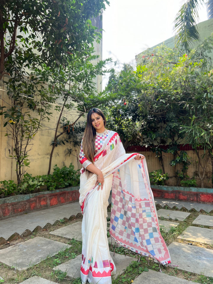 White Pure Cotton Linen Saree with Multicolor Checkered Design, Blouse, and Tassel Detailing