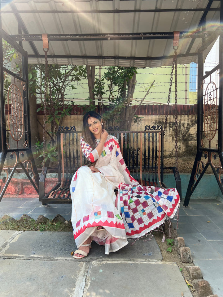 White Pure Cotton Linen Saree with Multicolor Checkered Design, Blouse, and Tassel Detailing