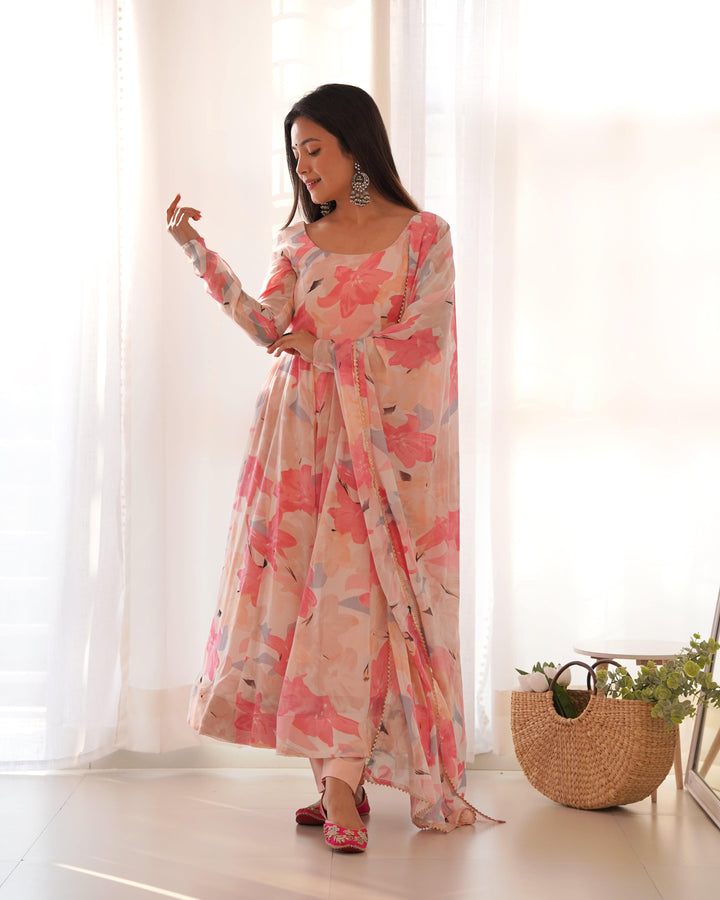 Pure Fox Georgette Multi Floral Print, Fully Flared with Dupatta Set and Pants – Ready to Wear