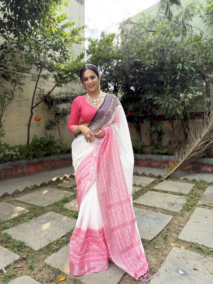 Elegant White and Pink Pure Linen Digital Printed Saree with Black Border, Tassels, and Blouse Piece – Intricate Floral and Geometric Design