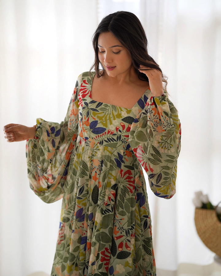 Vibrant Floral Maxi Dress: Pure Soft Fox Georgette, Fully Flared with Balloon Sleeves – Perfect for Summer Festivities and Weddings!