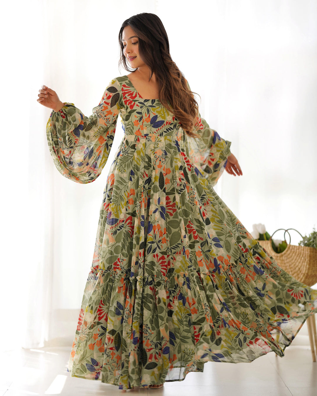 Vibrant Floral Maxi Dress: Pure Soft Fox Georgette, Fully Flared with Balloon Sleeves – Perfect for Summer Festivities and Weddings!