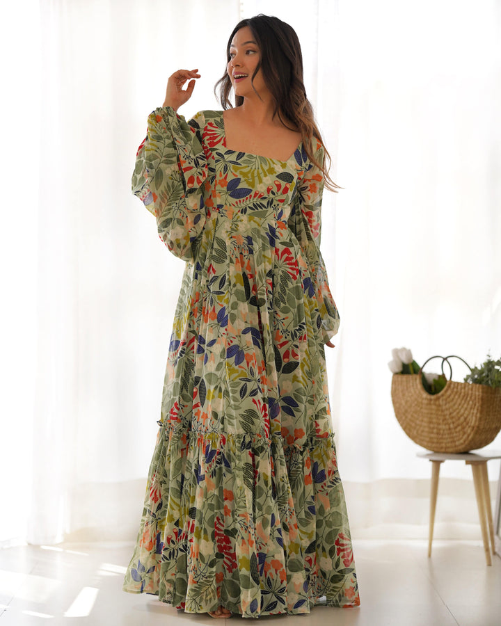 Vibrant Floral Maxi Dress: Pure Soft Fox Georgette, Fully Flared with Balloon Sleeves – Perfect for Summer Festivities and Weddings!