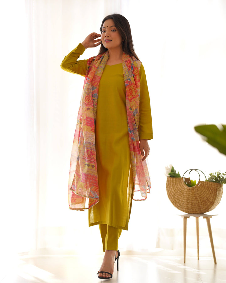 Summer & Office Wear Pure Viscose Straight Fit Kurta Set with Dupatta & Pants