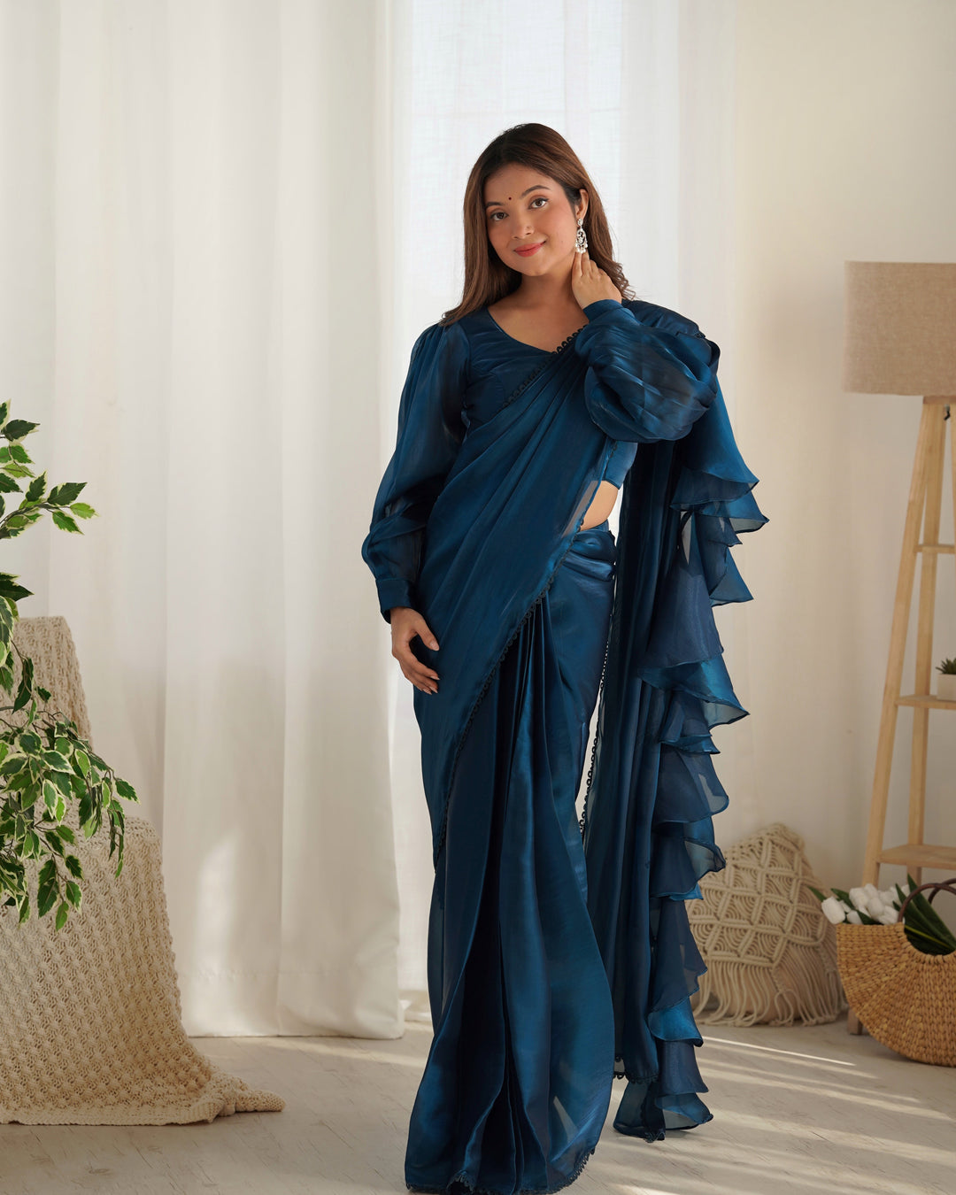 Ready to Wear Pre-draped Saree with Fully Stitched Blouse in Jimmy Choo Fabric