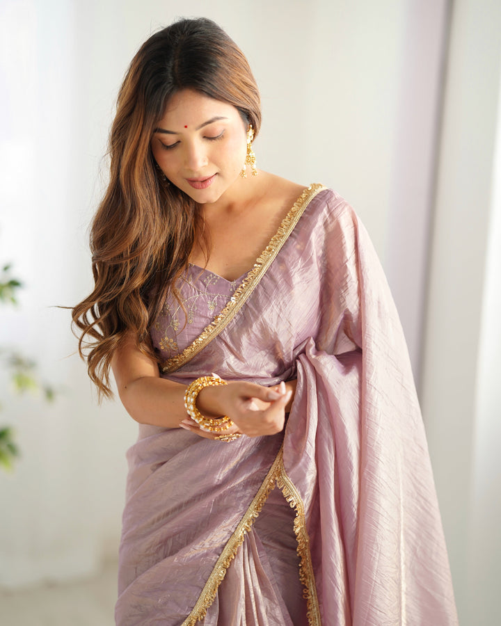 Elegant Gold Crush Tissue Silk Ready-to-Wear Saree with Embroidered Blouse