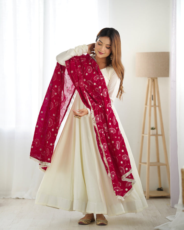 Elegant Off-White Vichitra Silk Anarkali Set with Deep Red Embroidered Dupatta