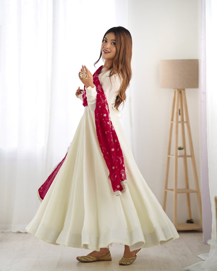 Elegant Off-White Vichitra Silk Anarkali Set with Deep Red Embroidered Dupatta