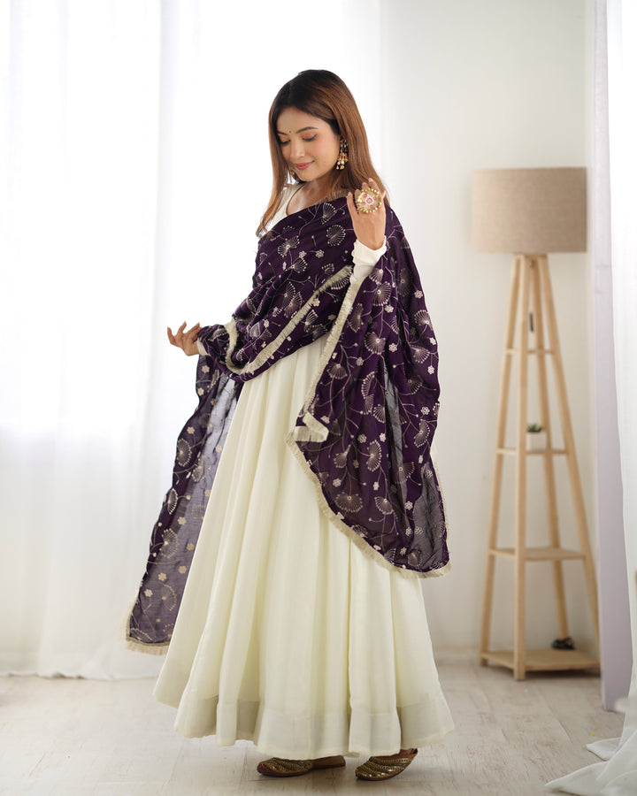 Regal Purple Vichitra Silk Anarkali with Embroidered Dupatta