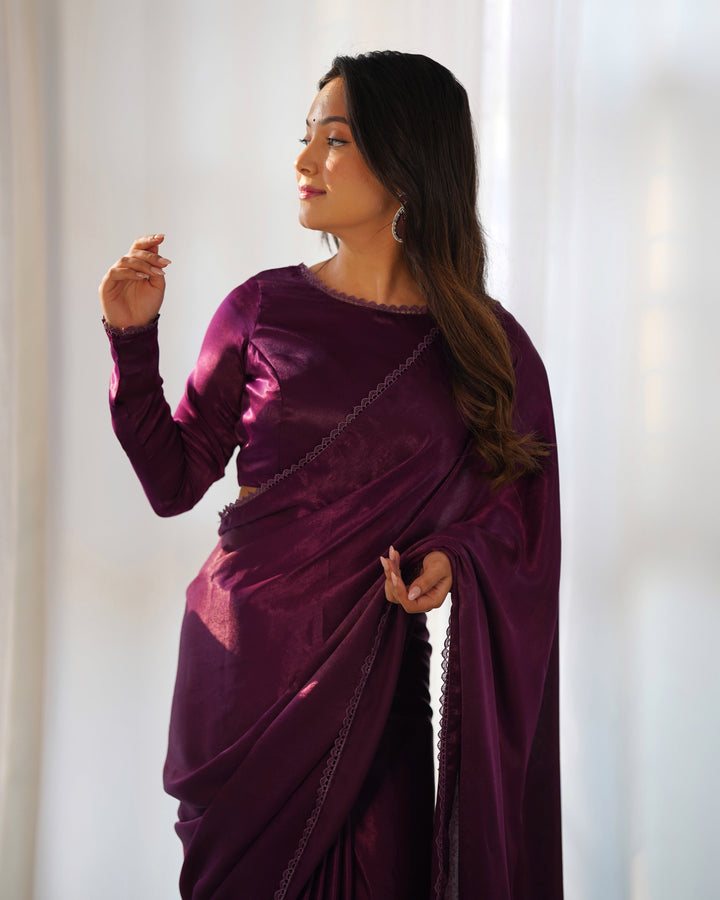 Elegant Ready-to-Wear Marble Velvet Saree with Stitched Blouse – Plum Perfection