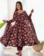 Maroon Floral Print Anarkali with Dupatta & Pant Set - Elegant Georgette Collection