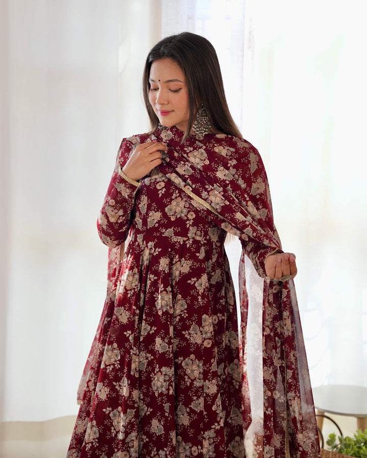 Maroon Floral Print Anarkali with Dupatta & Pant Set - Elegant Georgette Collection