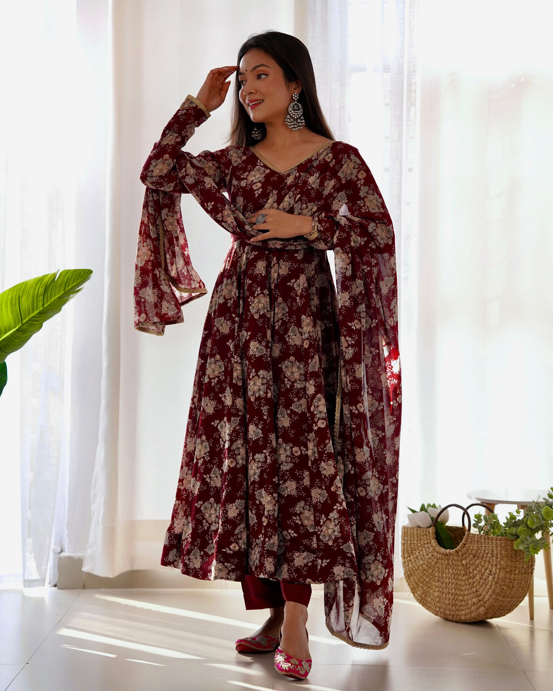 Maroon Floral Print Anarkali with Dupatta & Pant Set - Elegant Georgette Collection