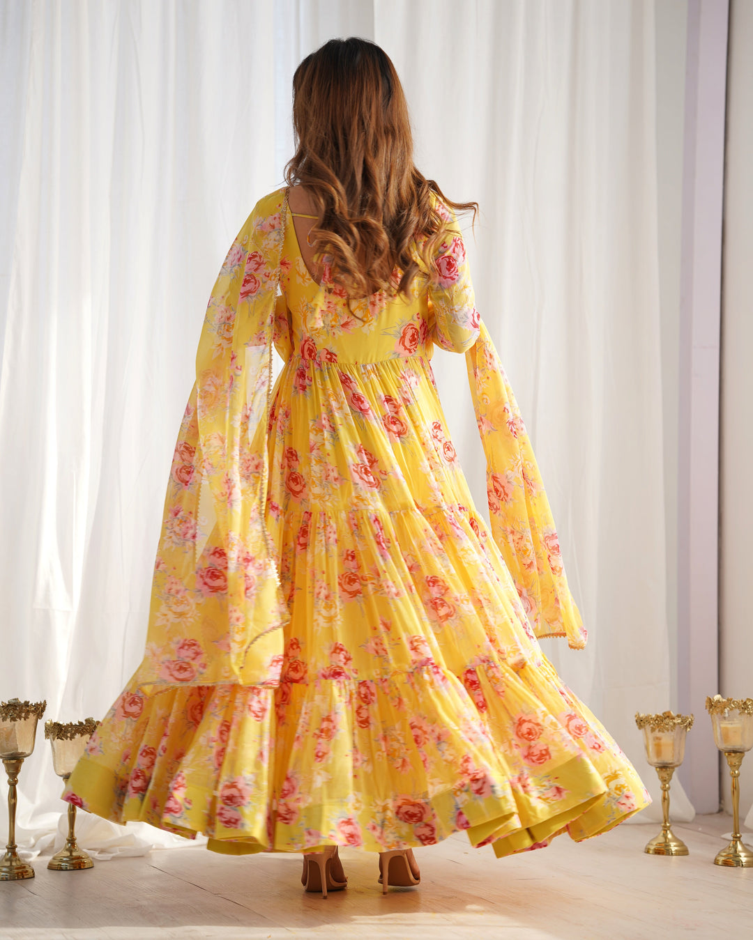 Sunshine Yellow Floral Fox Georgette Anarkali Set with Dupatta & Pants