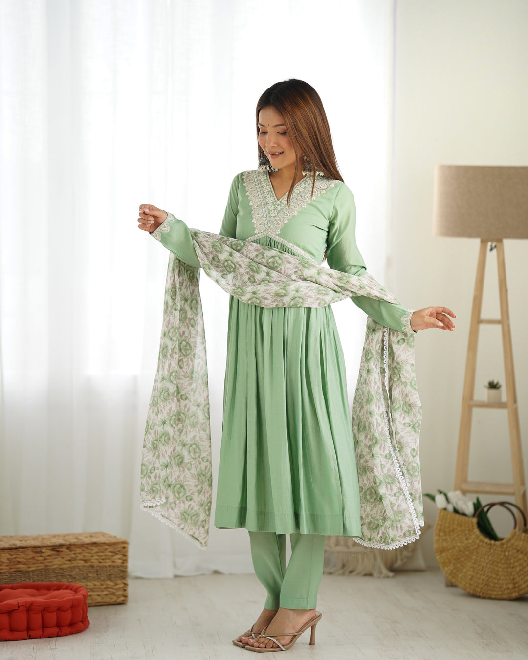 Mint Green Roman Silk Nyra Kurta Set with Floral Dupatta