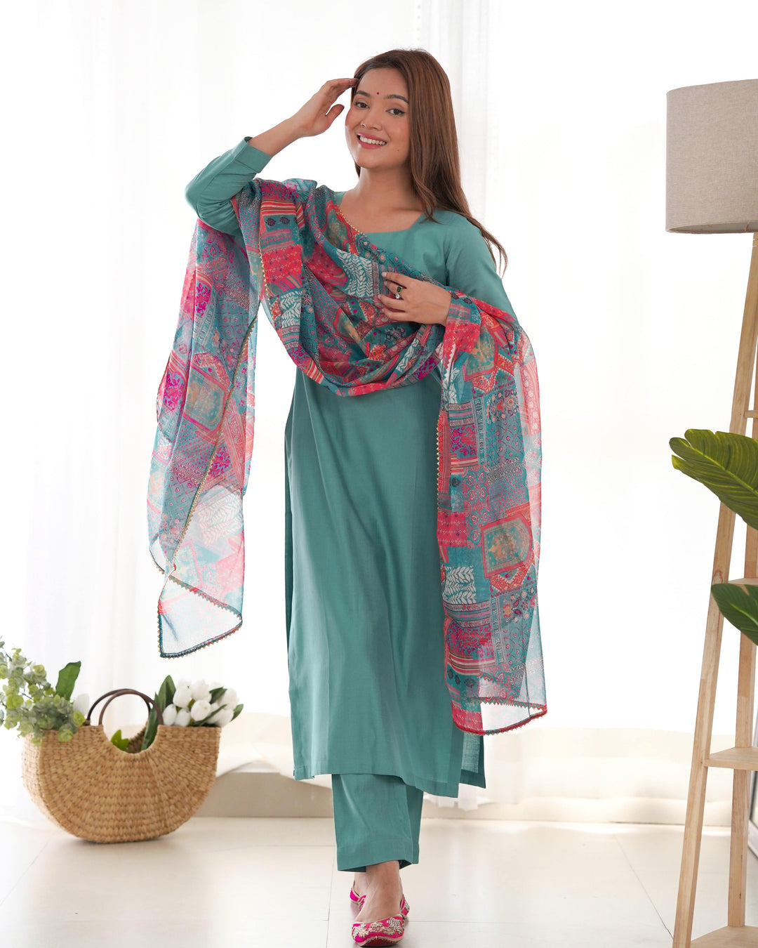 Summer & Office Wear Pure Viscose Straight Fit Kurta Set with Dupatta & Pants