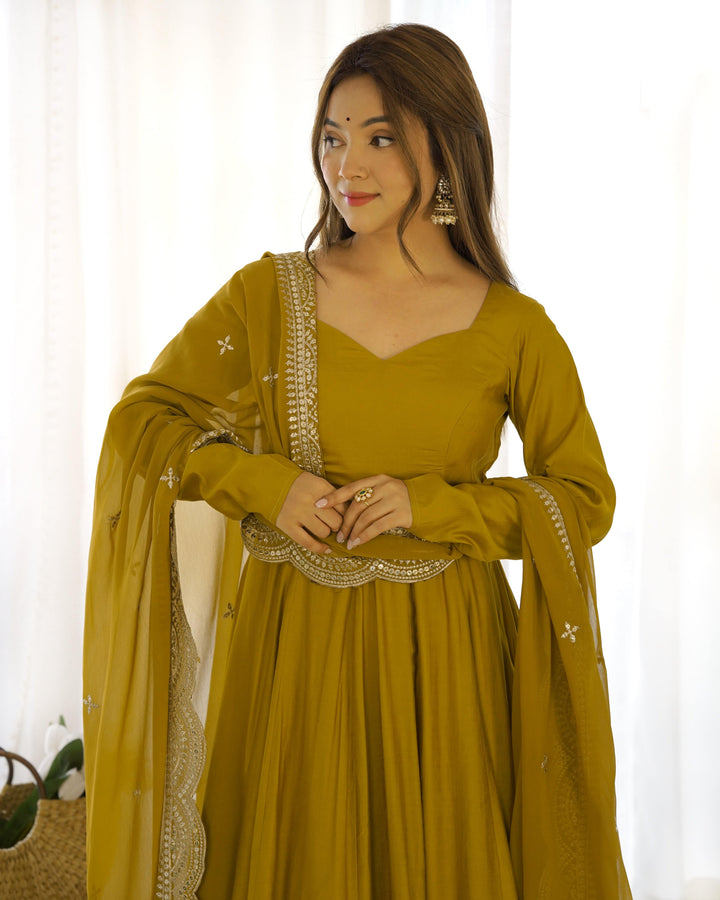 Pure Romansilk Chanderi Fabric Fully Flared Anarkali, with Dupatta Set and Pants, Ready to Wear.