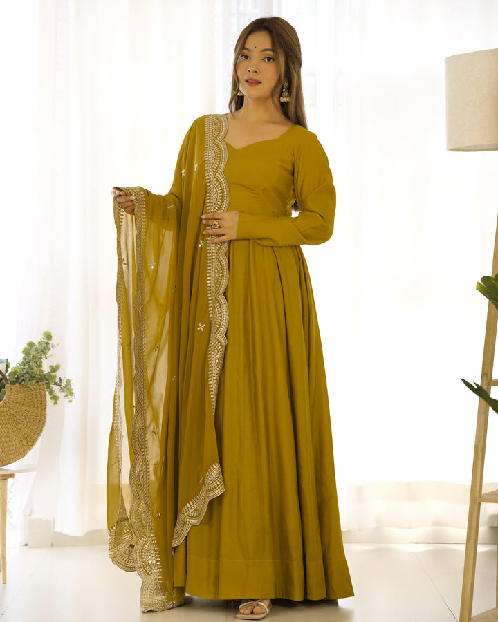 Pure Romansilk Chanderi Fabric Fully Flared Anarkali, with Dupatta Set and Pants, Ready to Wear.