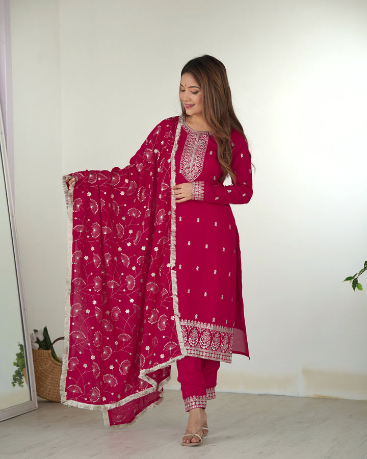 Raspberry Pink Pure Blooming Rangoli Silk Kurta Set with Embroidered Dupatta