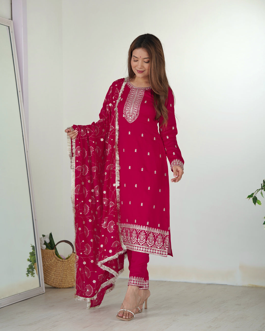 Raspberry Pink Pure Blooming Rangoli Silk Kurta Set with Embroidered Dupatta