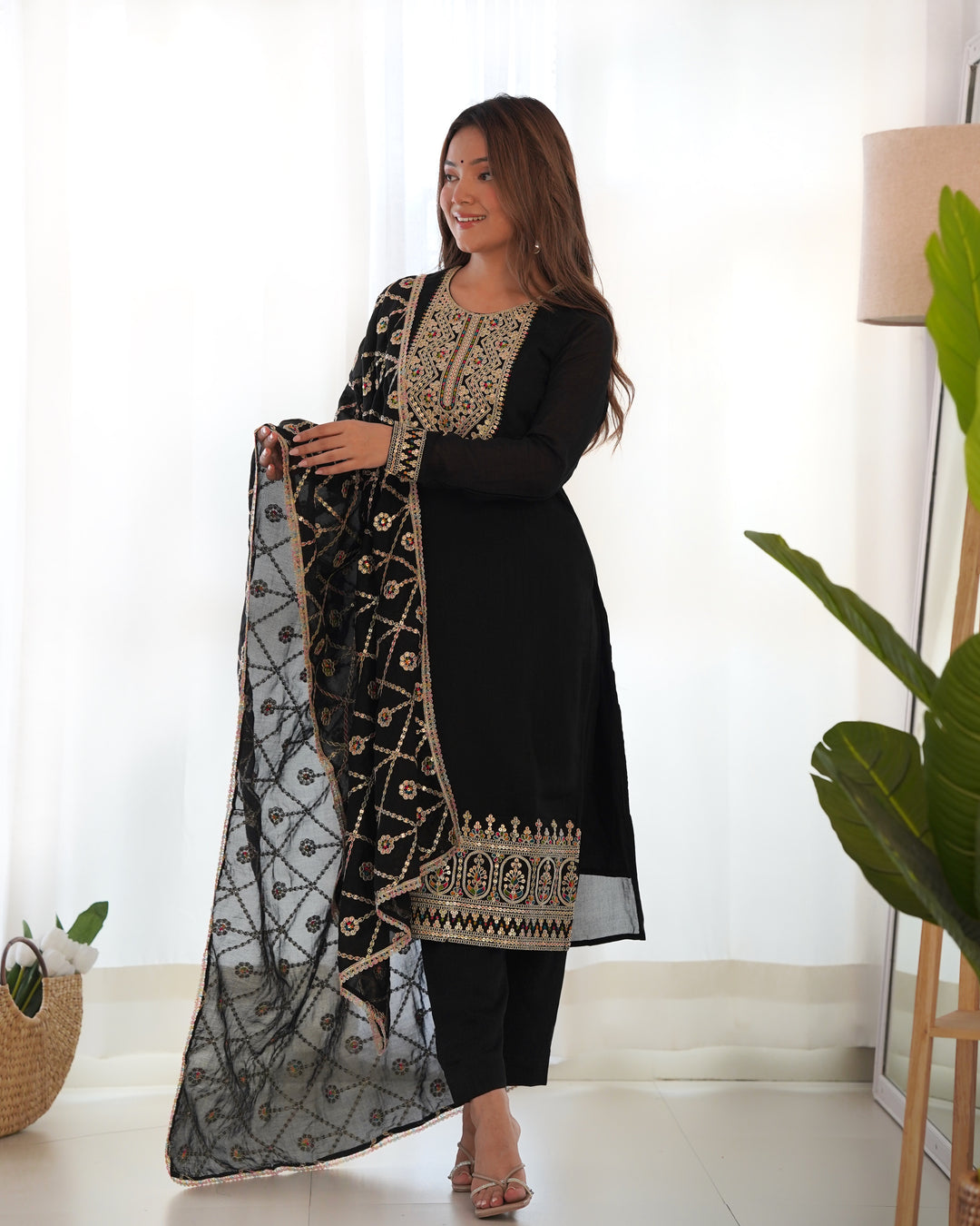 Black Embroidered Straight-fit Pure Blooming Vichitra Silk Kurta With Dupatta Set & Trousers