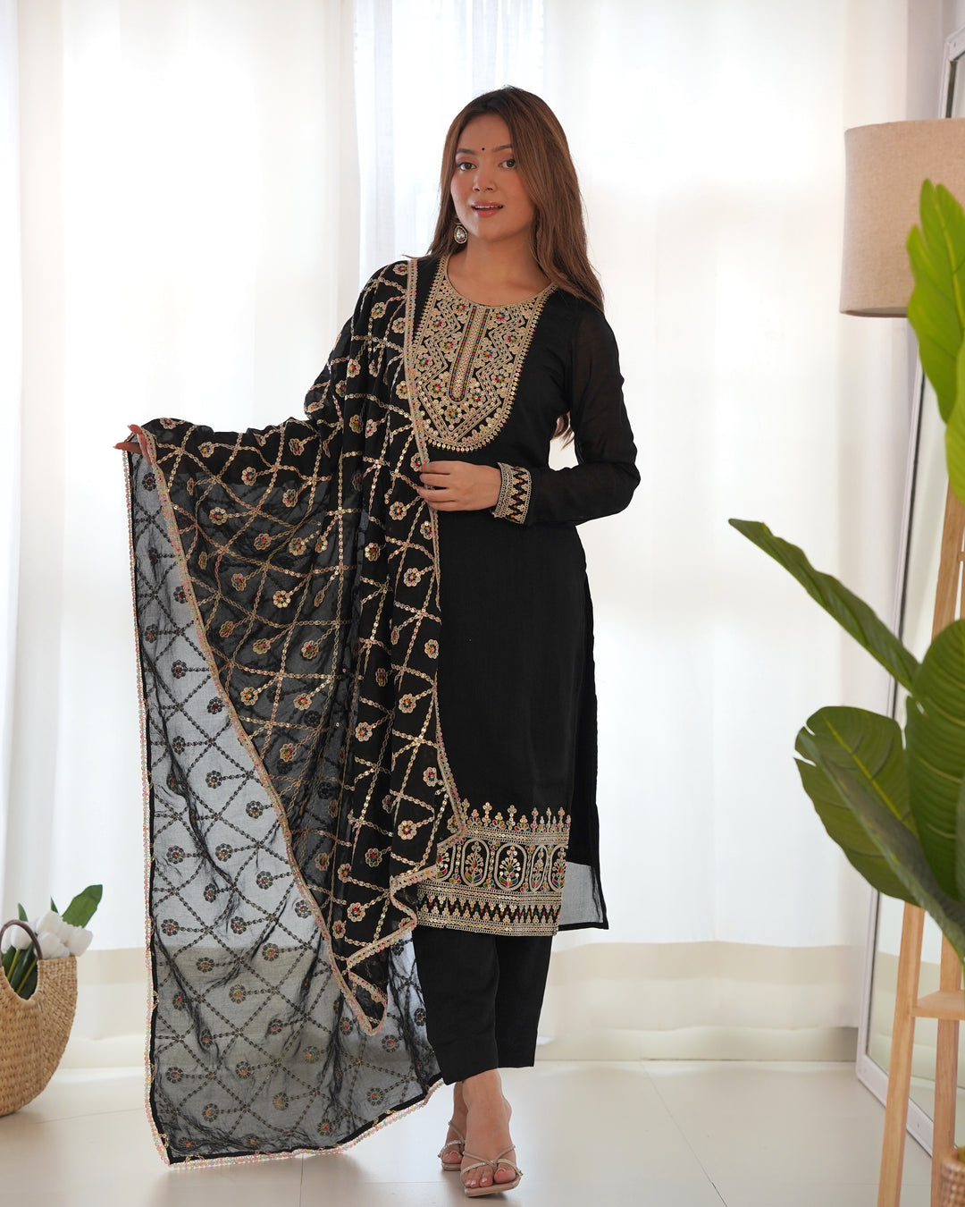 Classic Black Pure Blooming Vichitra Silk Kurta Set with Embroidered Dupatta