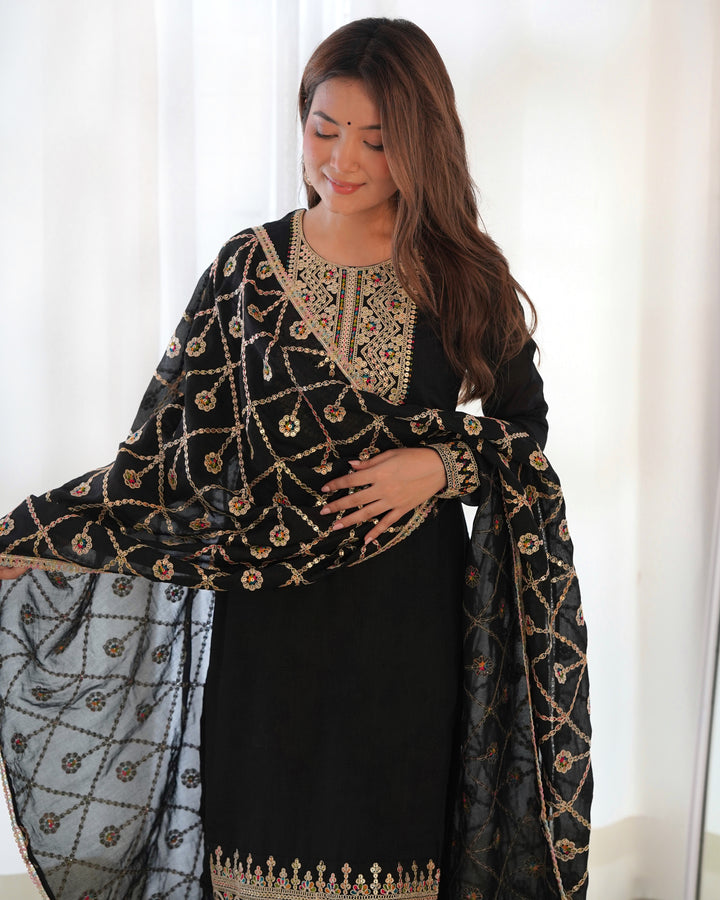 Black Embroidered Straight-fit Pure Blooming Vichitra Silk Kurta With Dupatta Set & Trousers