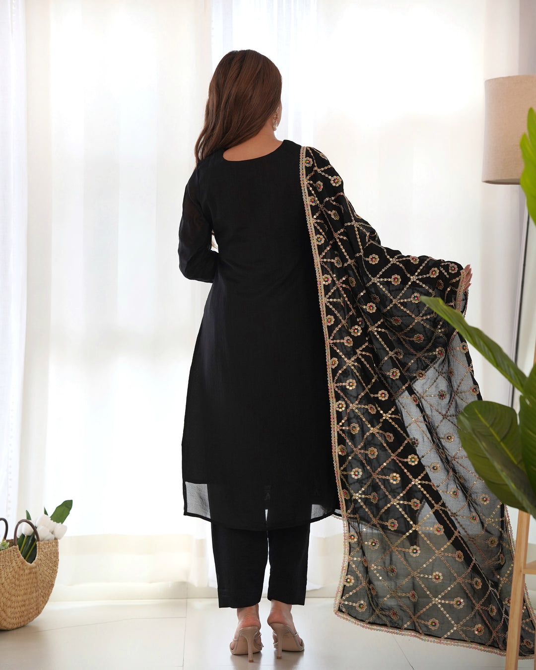 Classic Black Pure Blooming Vichitra Silk Kurta Set with Embroidered Dupatta