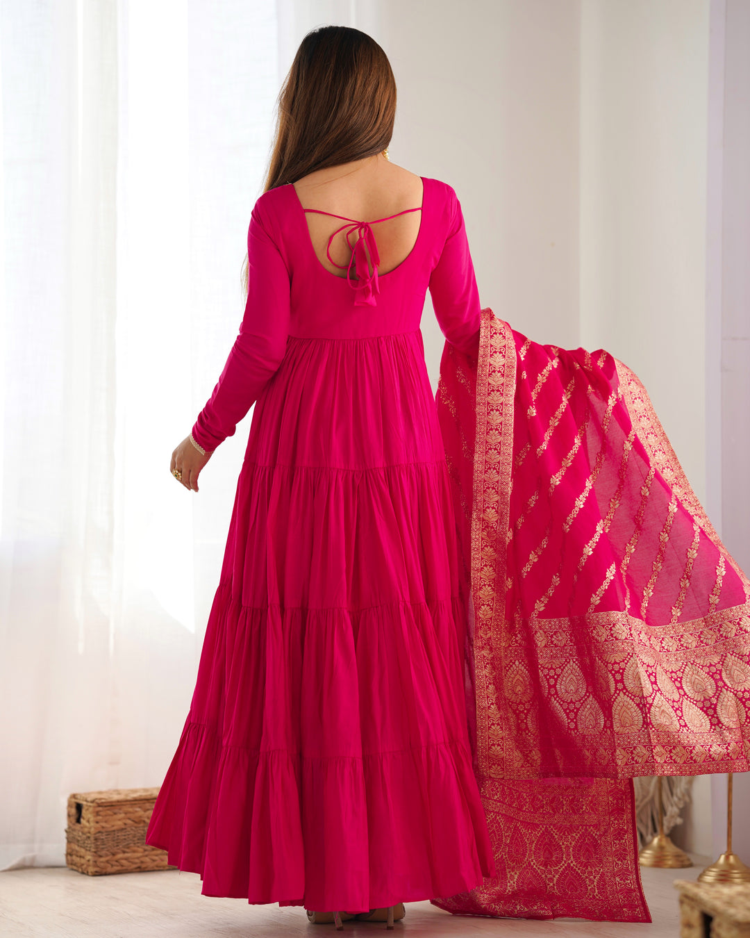 Regal Rose Pink Pure Romansilk Chanderi Anarkali Set with Banarasi Jacquard Dupatta