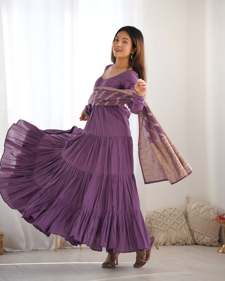 Mauve Purple Pure Romansilk Chanderi Anarkali Set with Banarasi Jacquard Dupatta