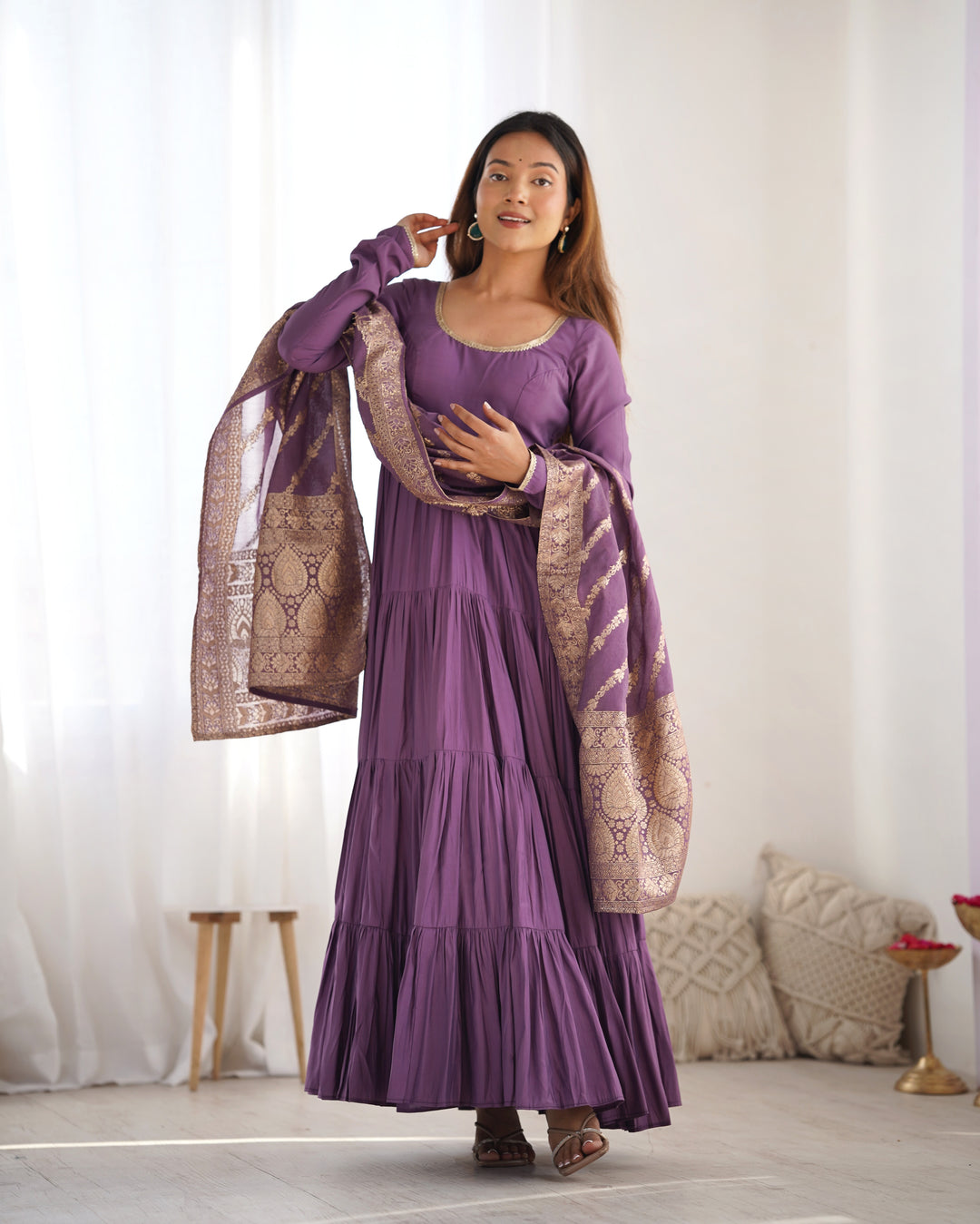 Mauve Purple Pure Romansilk Chanderi Anarkali Set with Banarasi Jacquard Dupatta