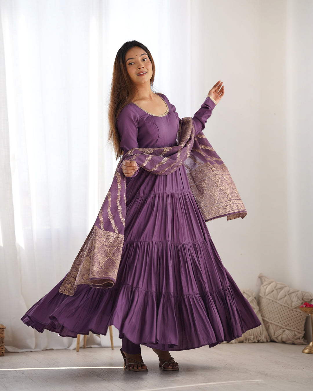 Mauve Purple Pure Romansilk Chanderi Anarkali Set with Banarasi Jacquard Dupatta