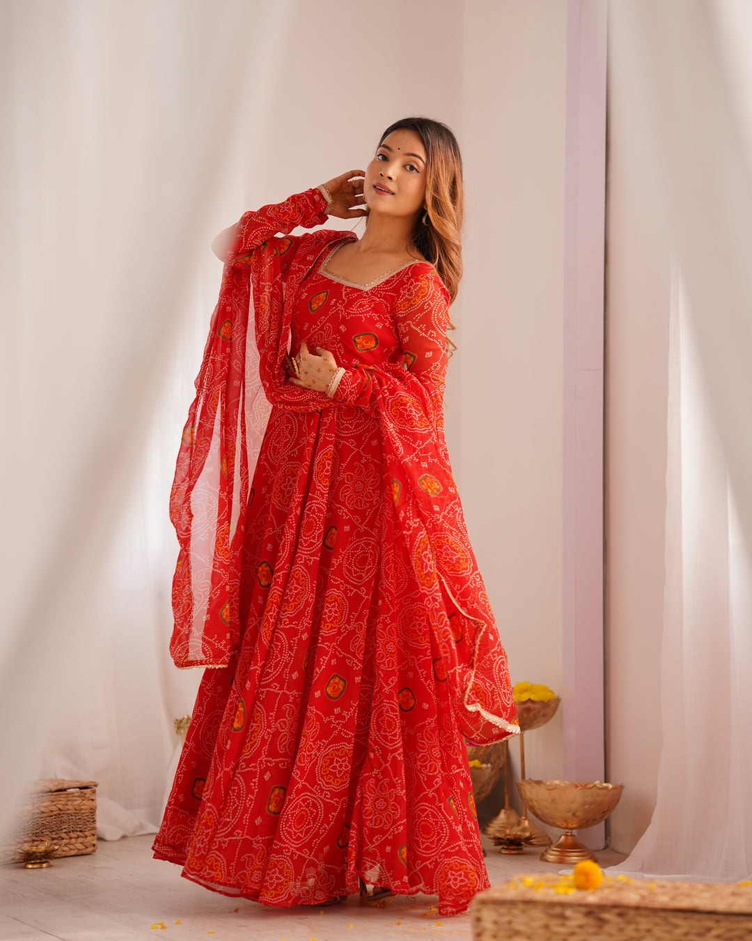 Radiant Red Pure Soft Chiffon Bandhej Anarkali Set with Dupatta & Pant