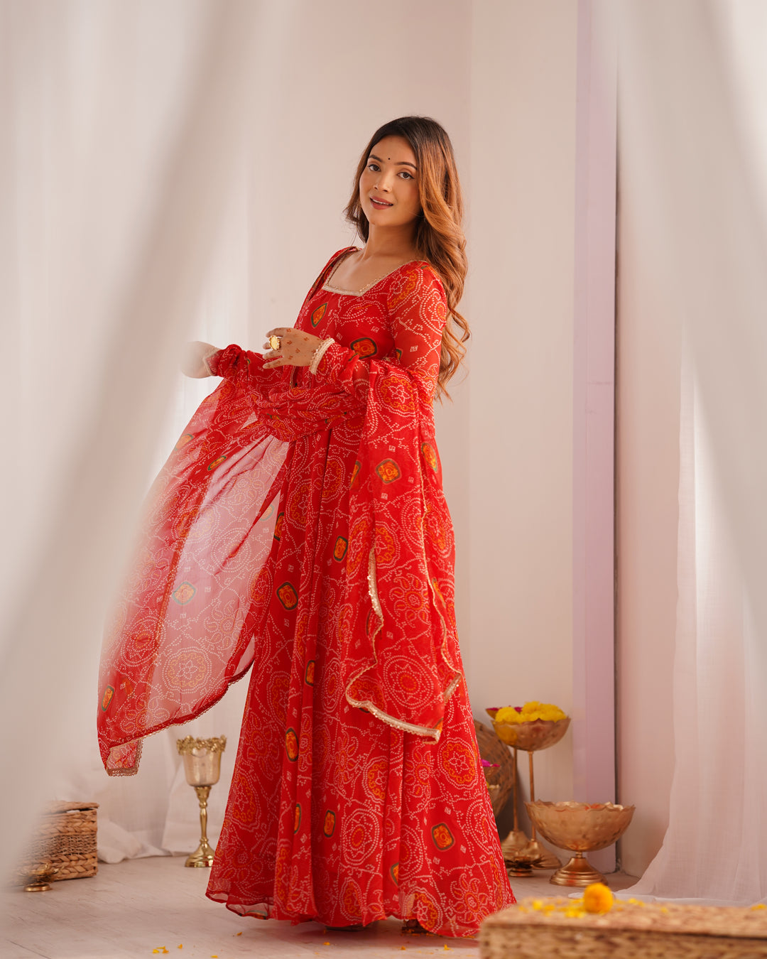 Radiant Red Pure Soft Chiffon Bandhej Anarkali Set with Dupatta & Pant