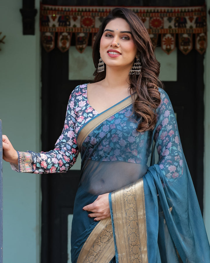 Teal Blue Plain Chiffon Saree with Gold Zari Border, Floral Printed Blouse & Tassel Detailing