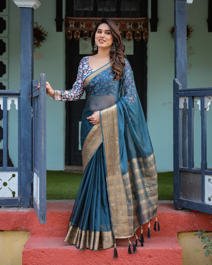 Teal Blue Plain Chiffon Saree with Gold Zari Border, Floral Printed Blouse & Tassel Detailing