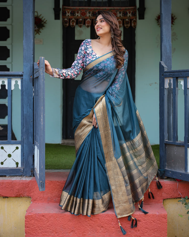 Teal Blue Plain Chiffon Saree with Gold Zari Border, Floral Printed Blouse & Tassel Detailing