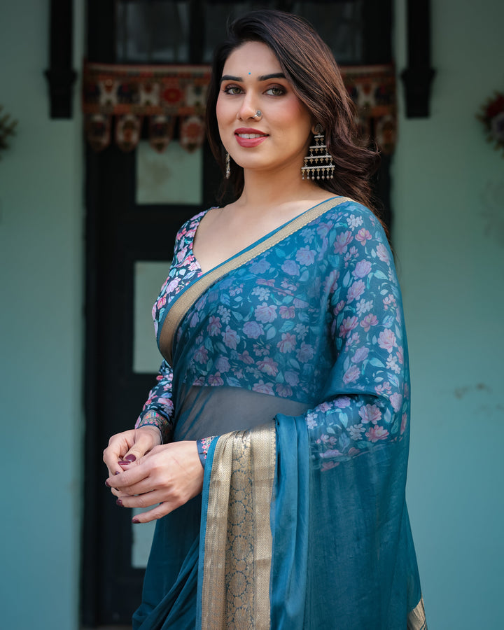 Teal Blue Plain Chiffon Saree with Gold Zari Border, Floral Printed Blouse & Tassel Detailing