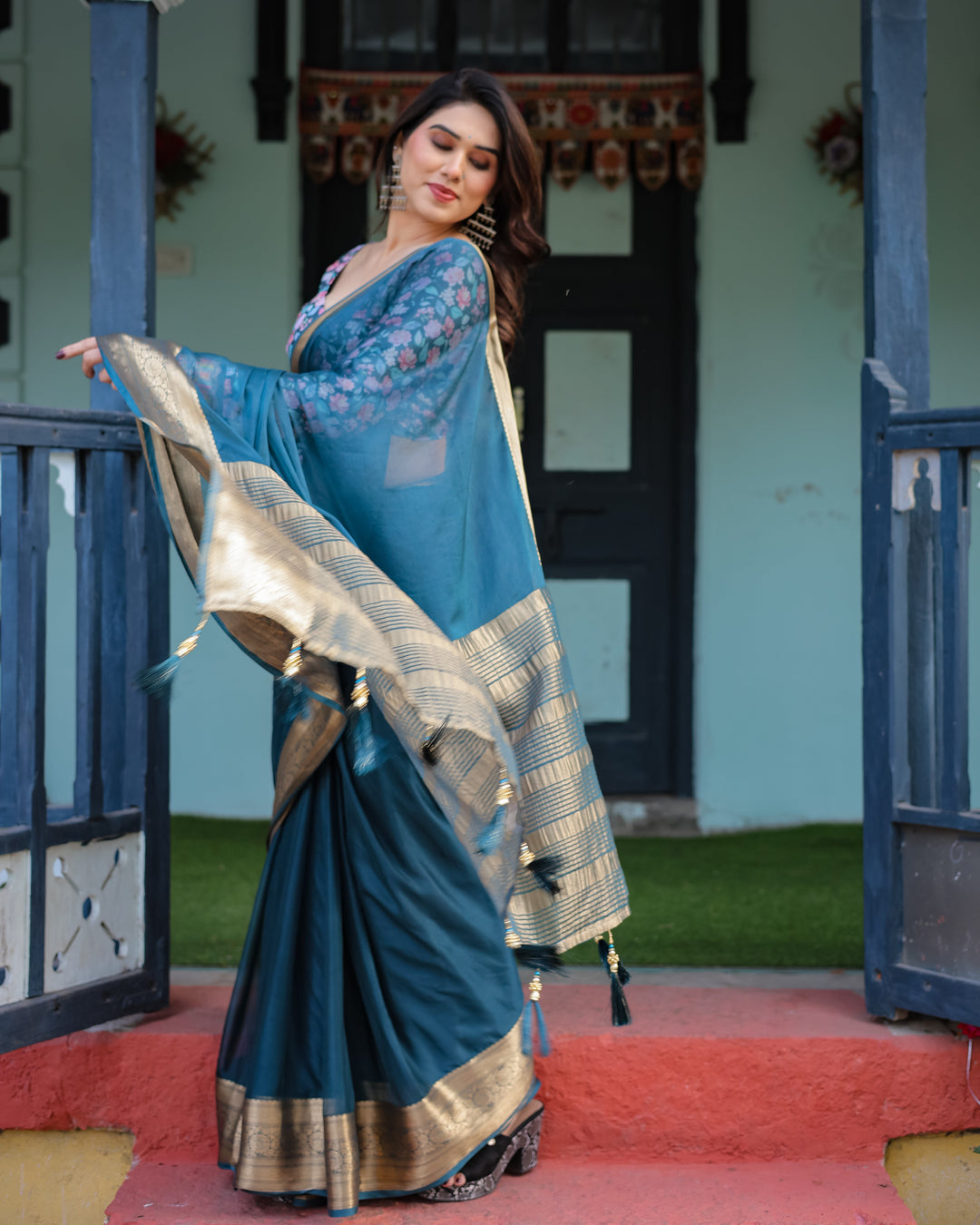 Teal Blue Plain Chiffon Saree with Gold Zari Border, Floral Printed Blouse & Tassel Detailing