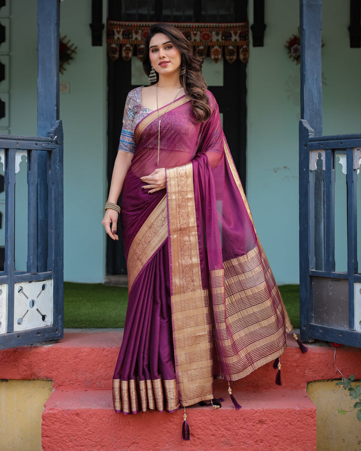 Majestic Plum Plain Chiffon Saree with Gold Zari Border, Printed Designer Blouse & Tassel Detailing