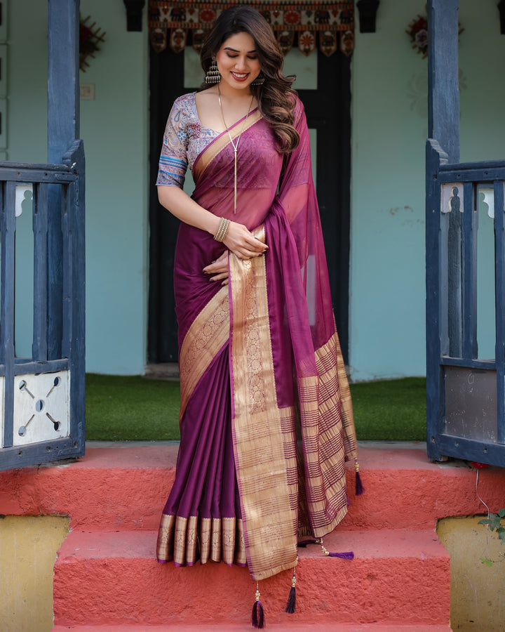 Majestic Plum Plain Chiffon Saree with Gold Zari Border, Printed Designer Blouse & Tassel Detailing