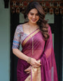 Majestic Plum Plain Chiffon Saree with Gold Zari Border, Printed Designer Blouse & Tassel Detailing